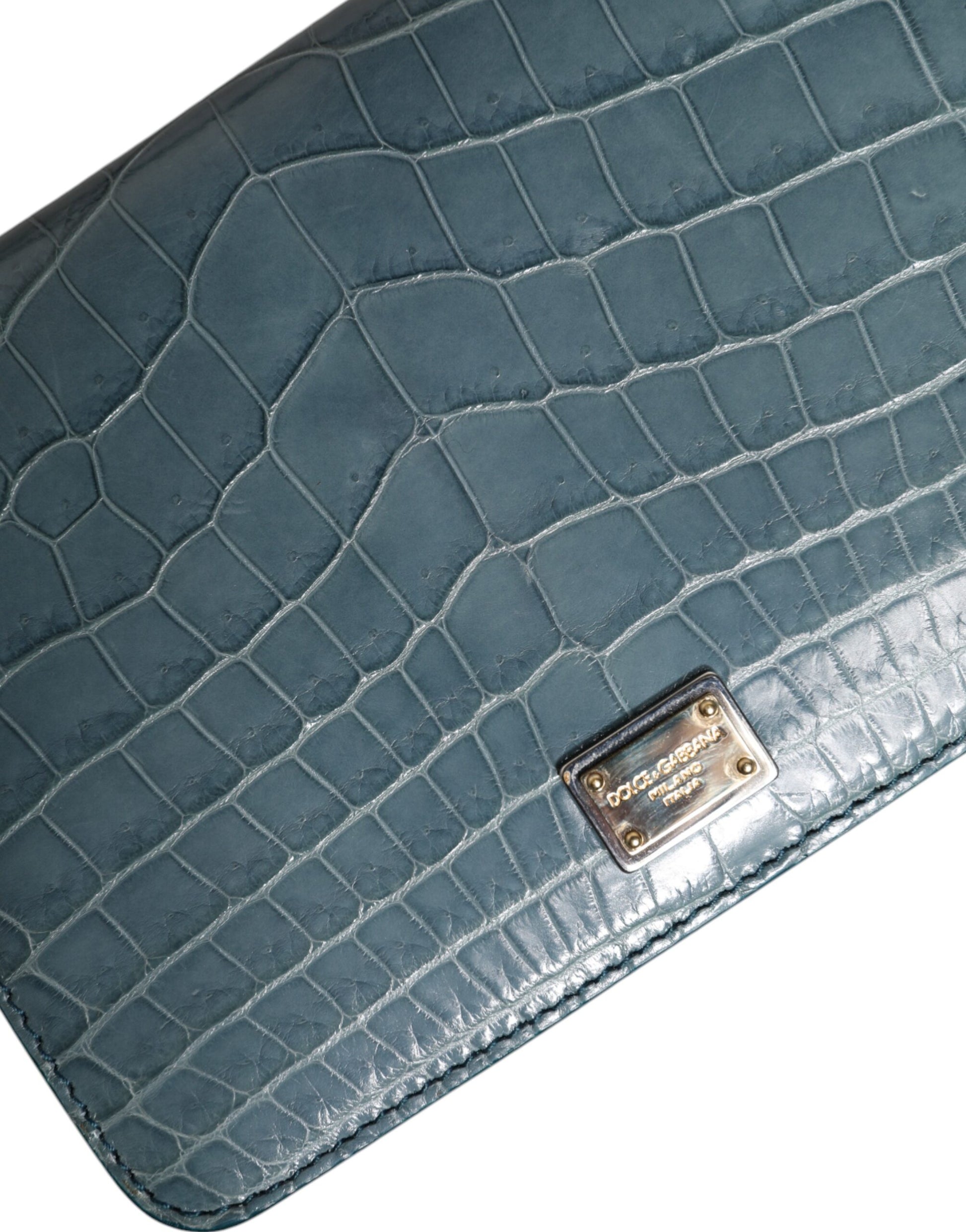 Blue crocodile skin wallet with gold logo