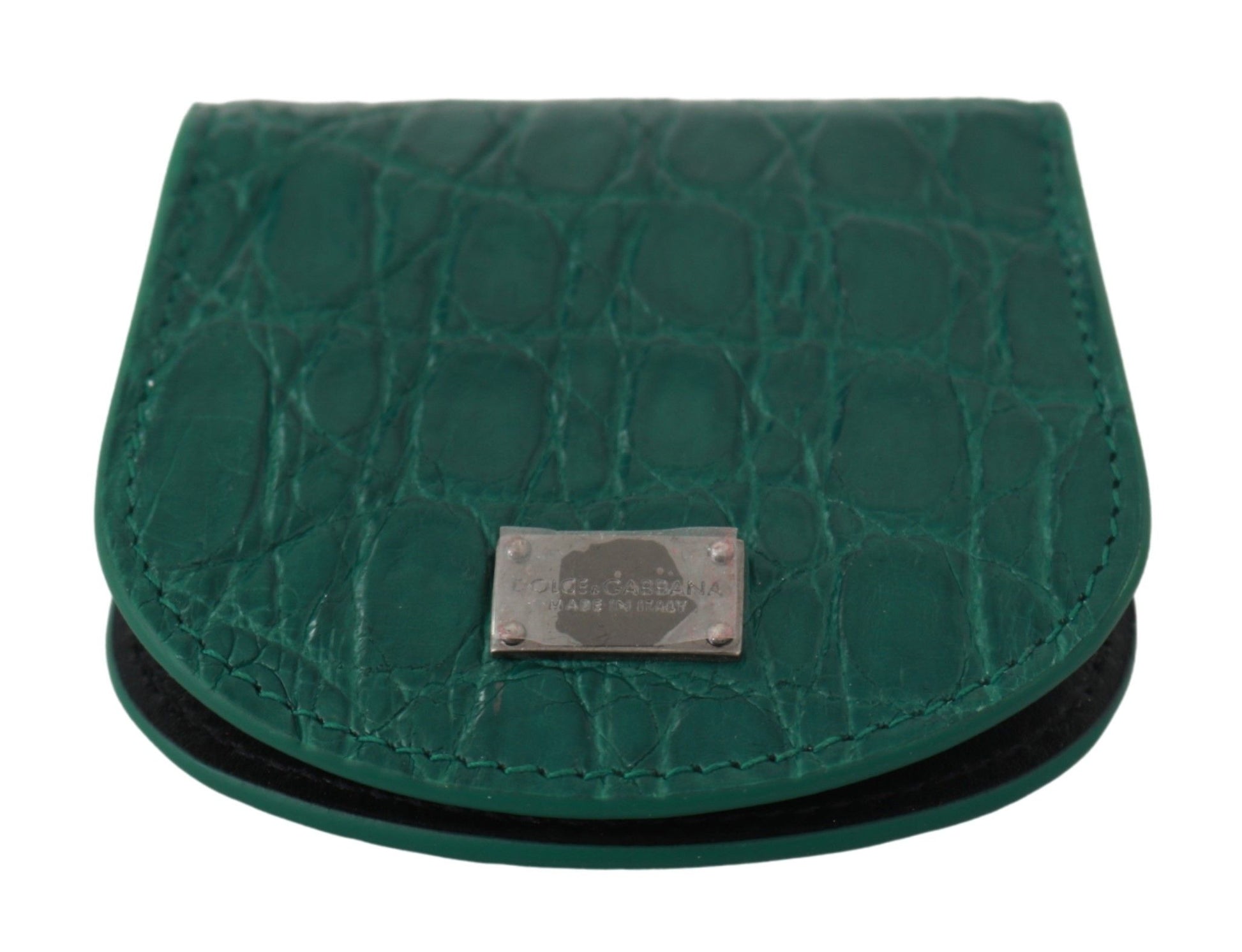 Green crocodile skin wallet with silver logo on front