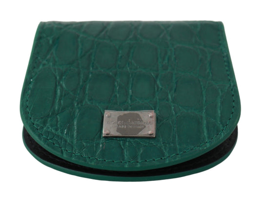 Green crocodile skin wallet with silver logo on front