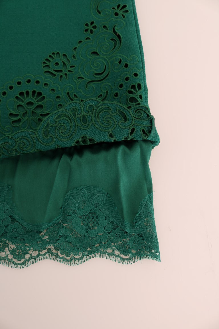 A green floral cutout silk wool dress with lace detailing
