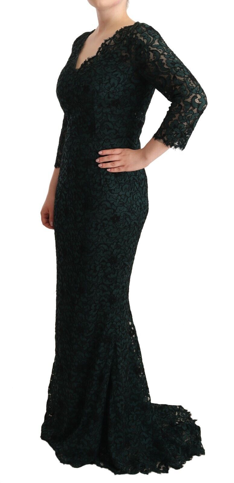 A long black lace dress with ruffles and a V-neckline