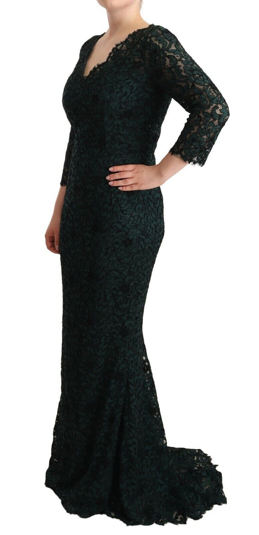 A long black lace dress with ruffles and a V-neckline