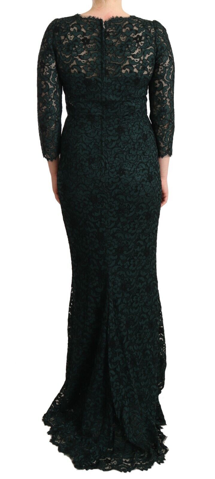 A long black lace dress with floral pattern and ruffles on the hem