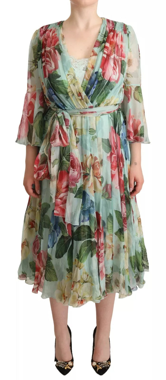 A long sleeve midi dress with floral print and a V-neck