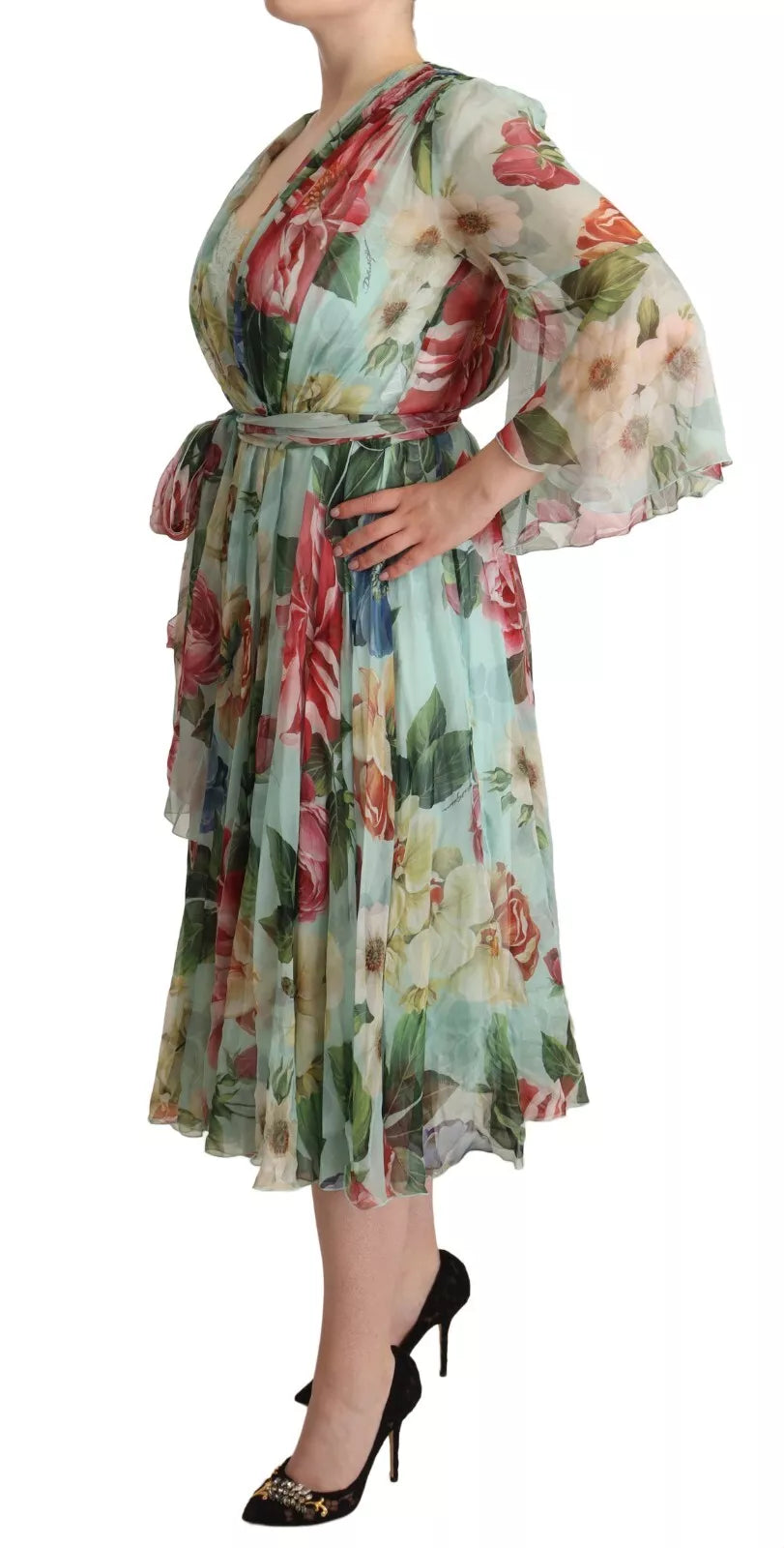 A long sleeve midi dress with a floral pattern and V-neck