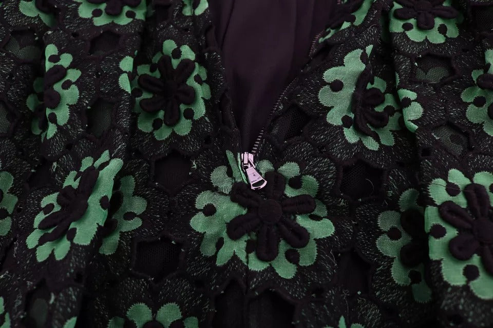 Green floral ricamo a-line shift dress with ruffled sleeves and hem