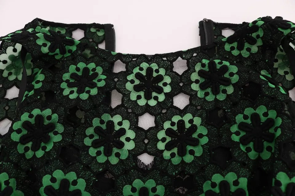 Green floral ricamo a-line shift dress with lace detailing