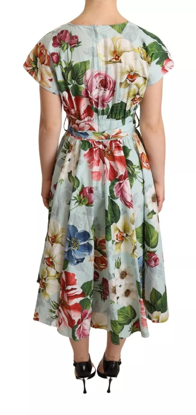 A woman's floral print dress with short sleeves and a V-neck