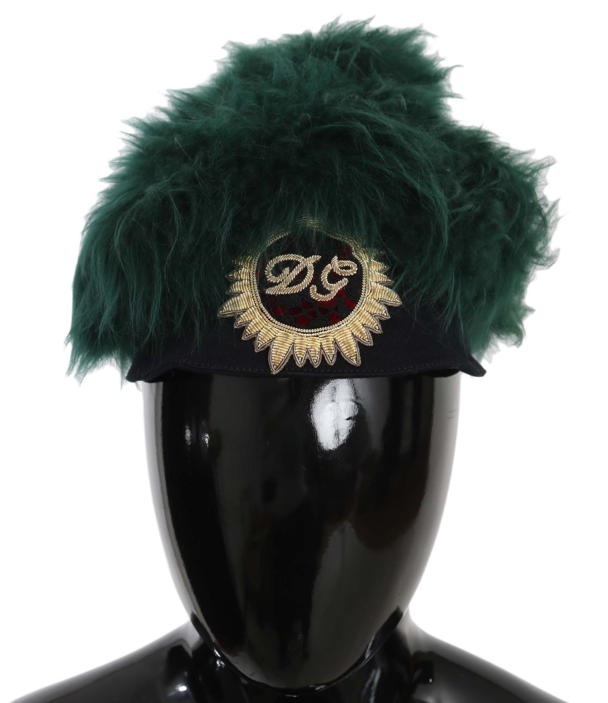 Green feathered hat with gold embroidery