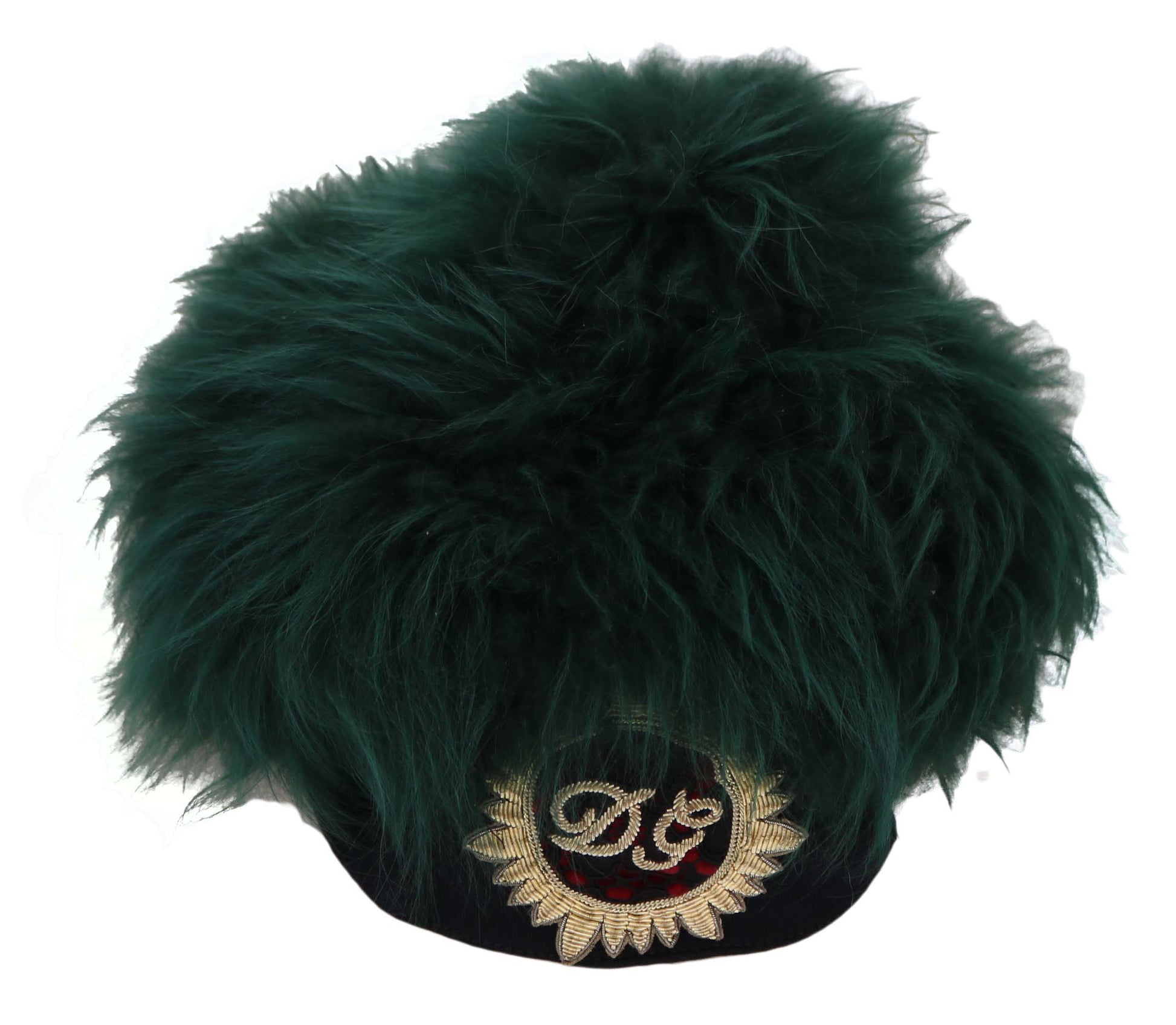 Green furry hat with gold embroidery