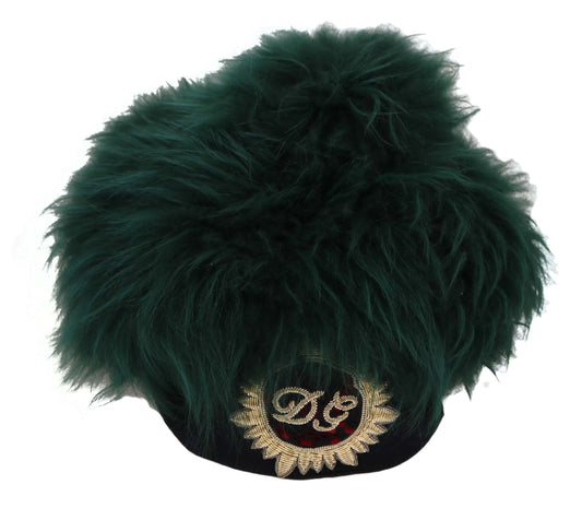 Green furry hat with gold embroidery