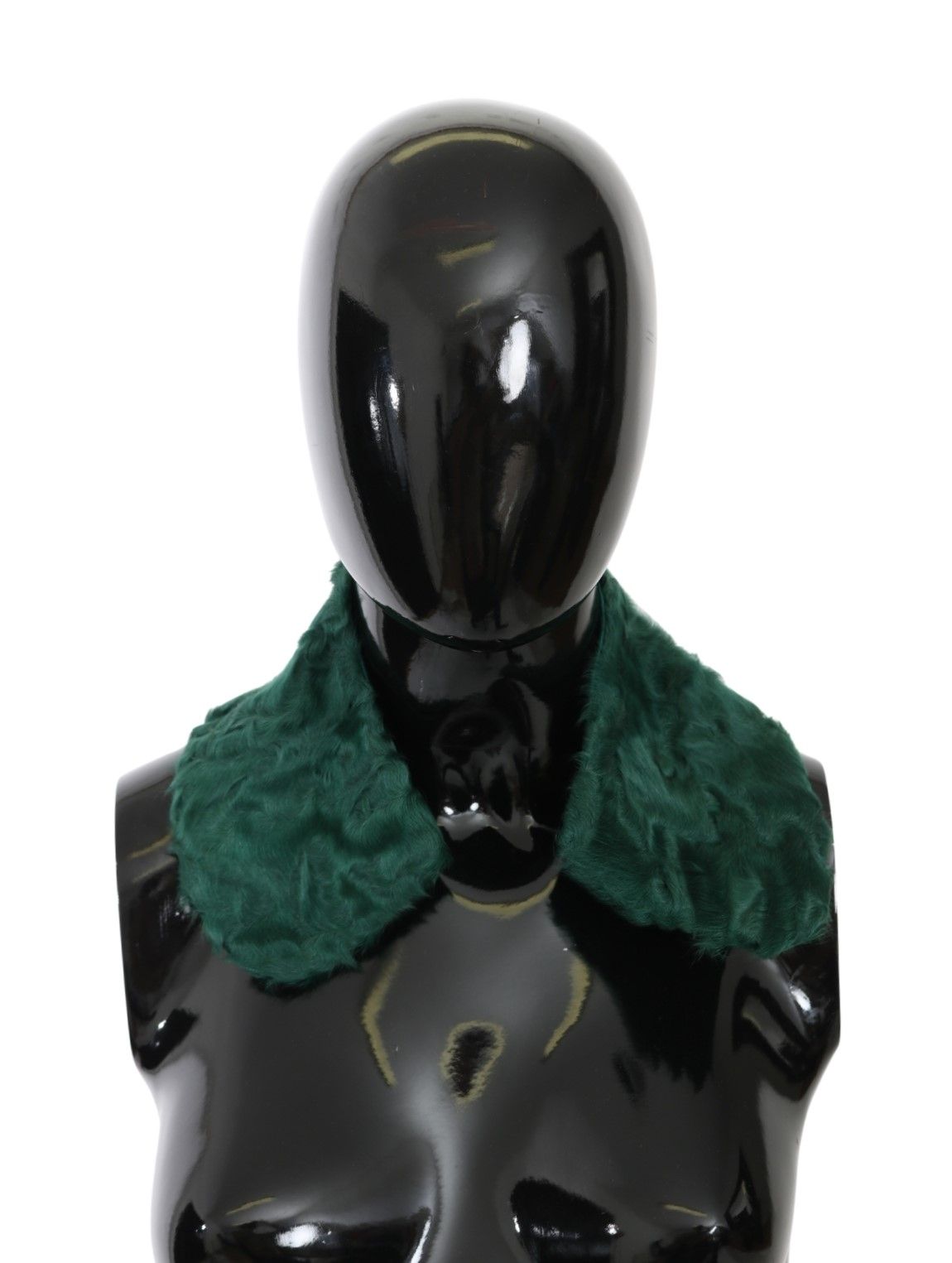 Black mannequin wearing green scarf