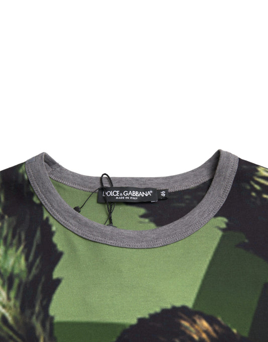 A gray t-shirt with a camouflage pattern on the front