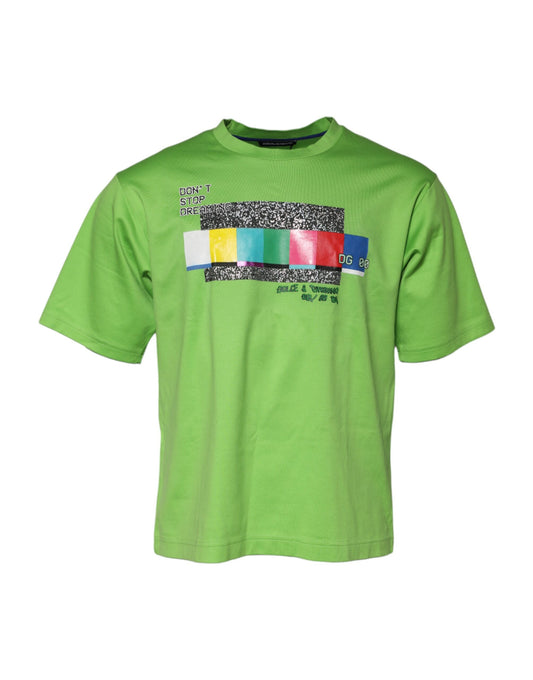 Green t-shirt with colorful design on front