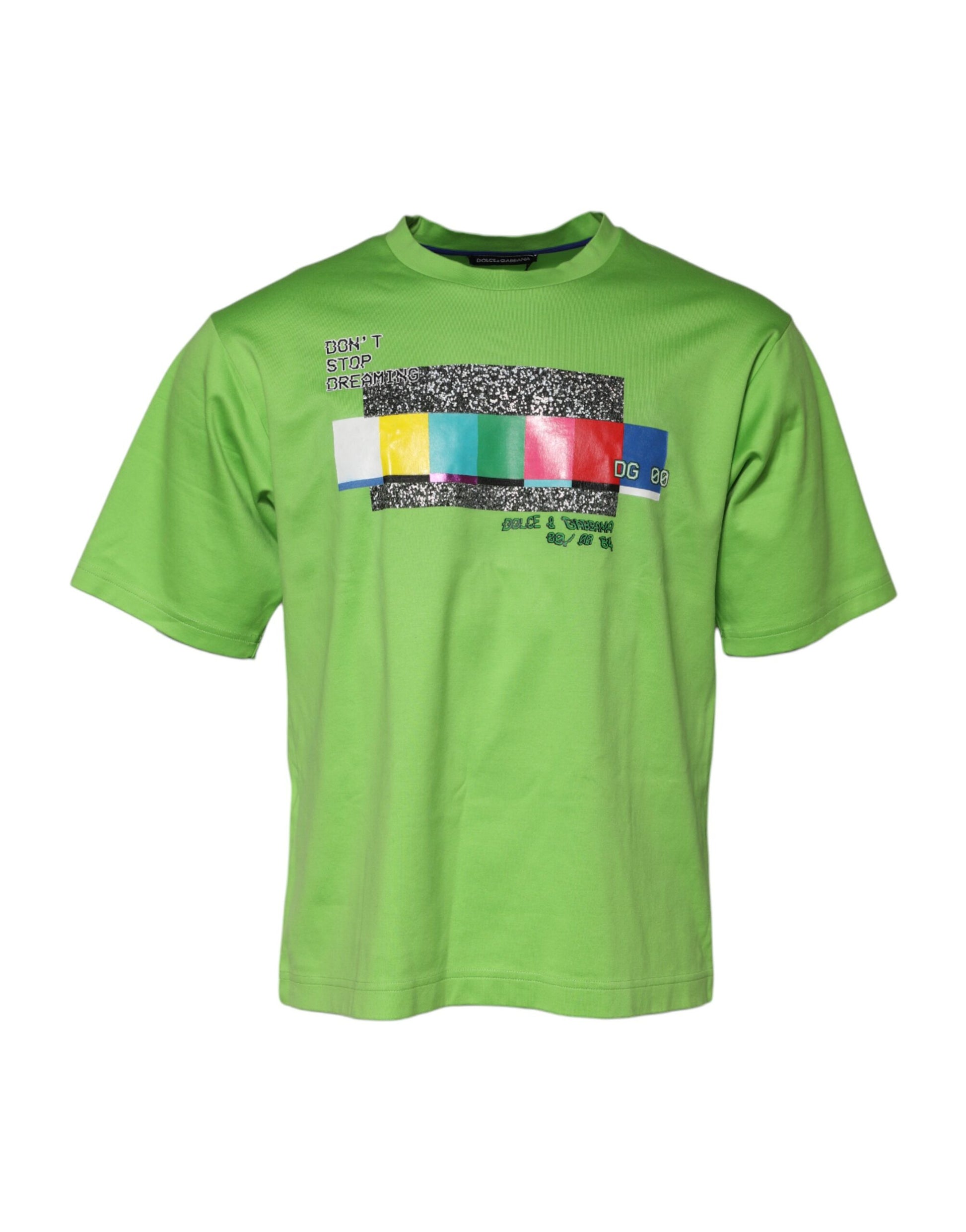Green t-shirt with colorful design on front