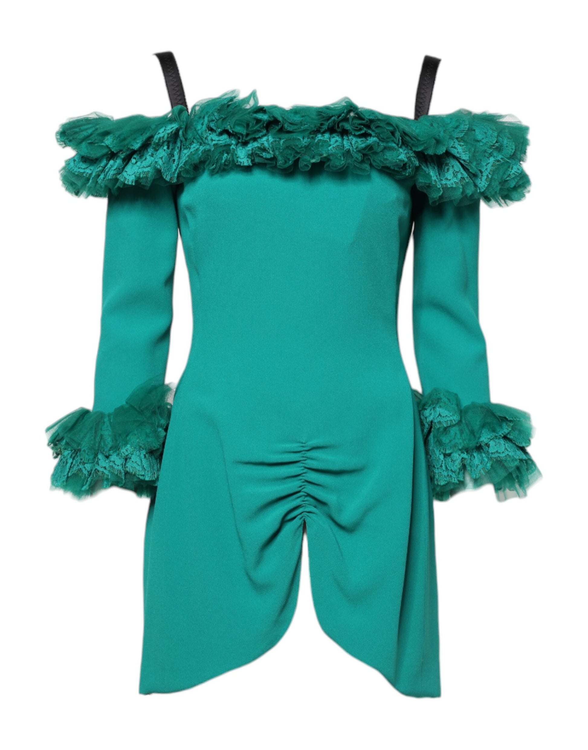 A green lace off-shoulder sheath mini dress with ruffled sleeves
