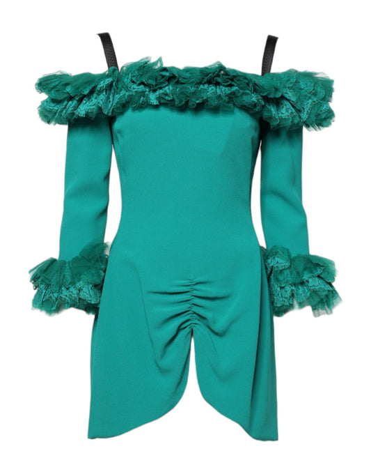 A green lace off-shoulder sheath mini dress with ruffled sleeves