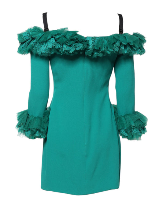 A green lace off-shoulder sheath mini dress with ruffled sleeves