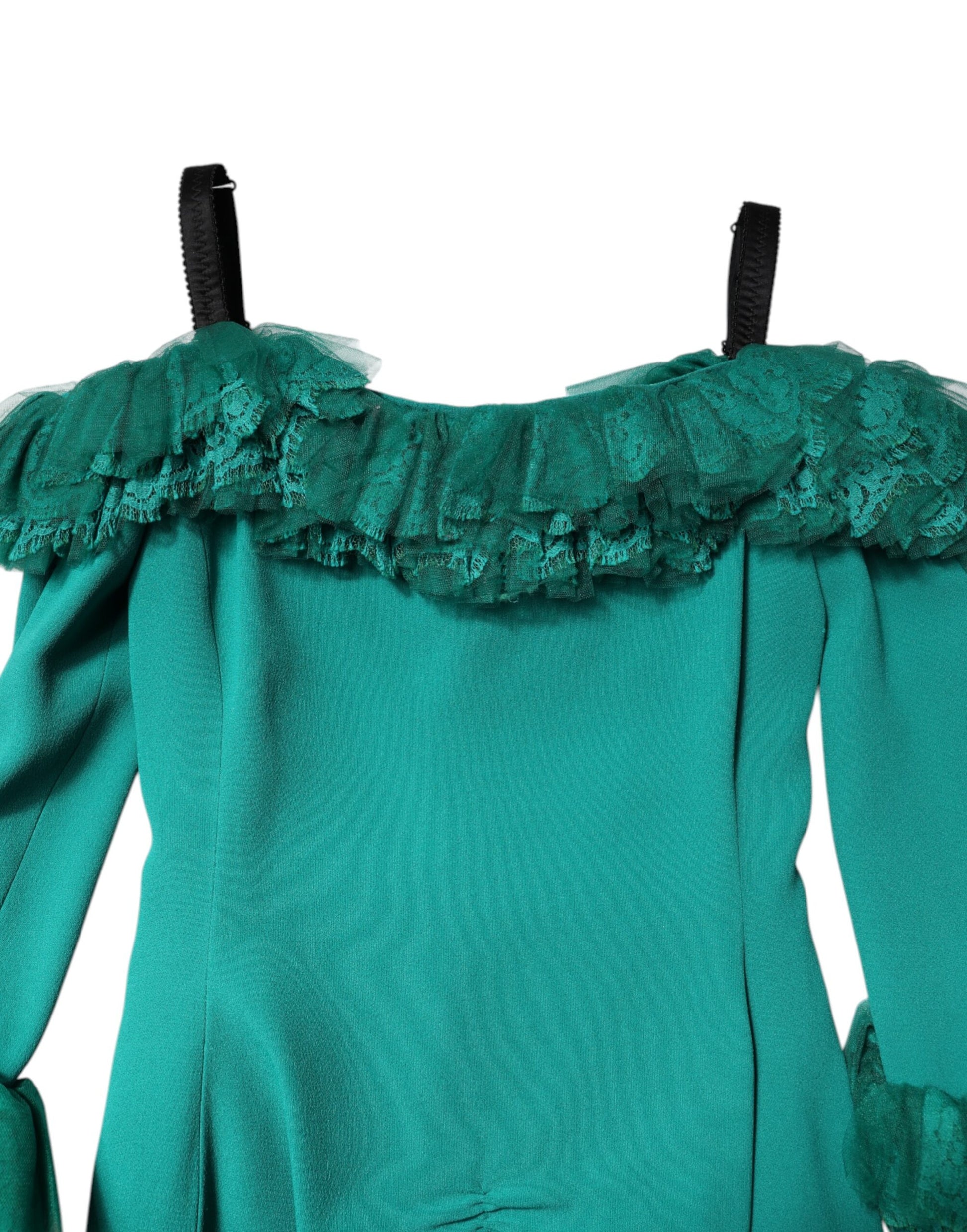 A green lace off shoulder sheath mini dress with ruffled sleeves