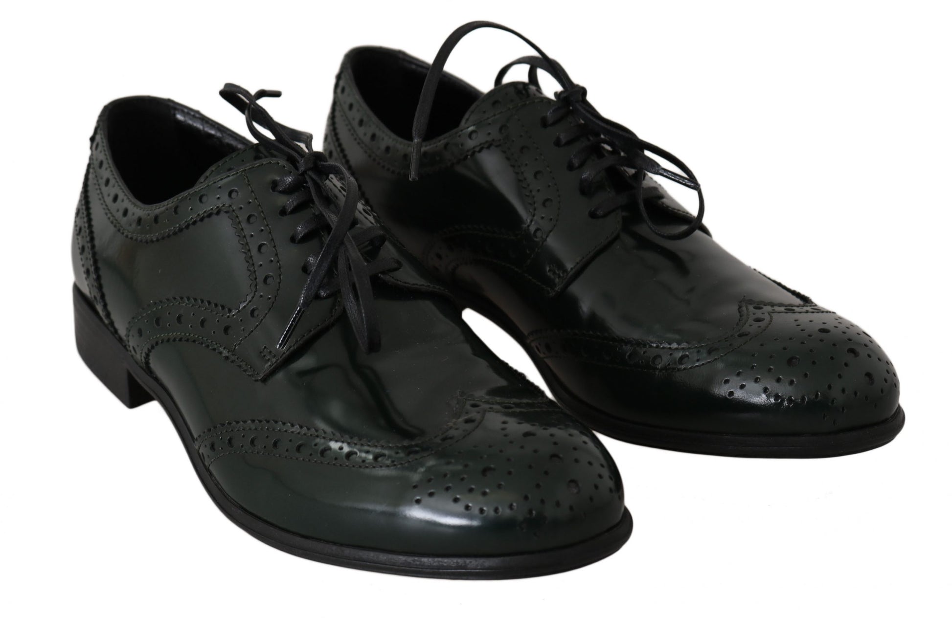 Pair of black dress shoes with laces and a bow tie design on top