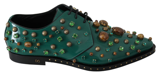 Green shoe with gold and brown embellishments