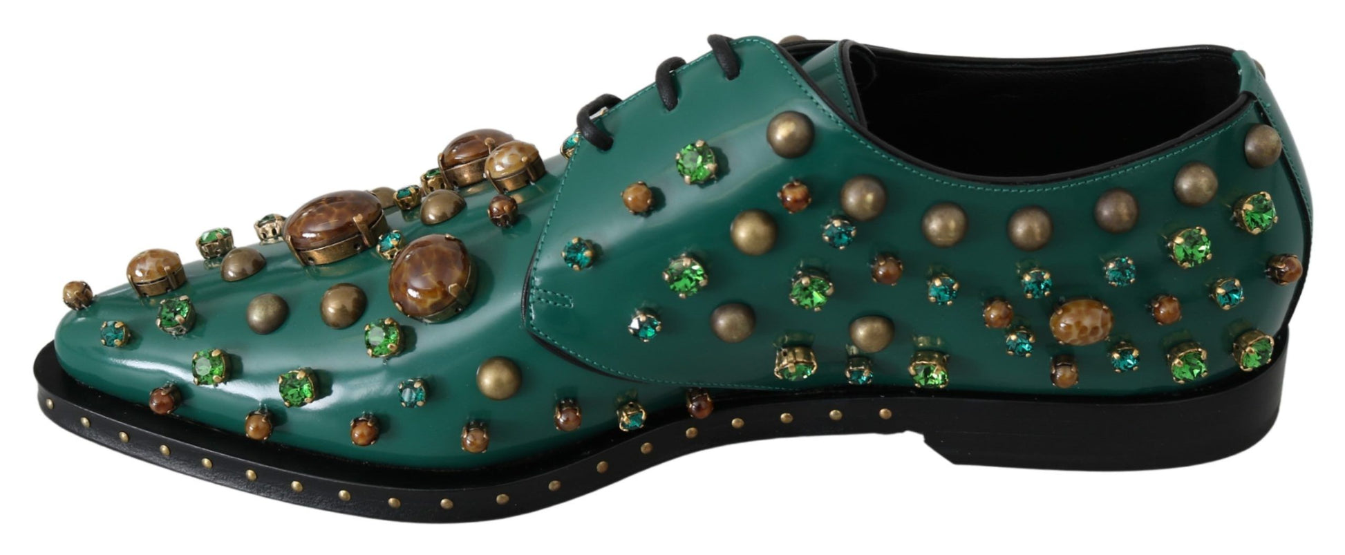 Green shoes with gold and brown beads on top