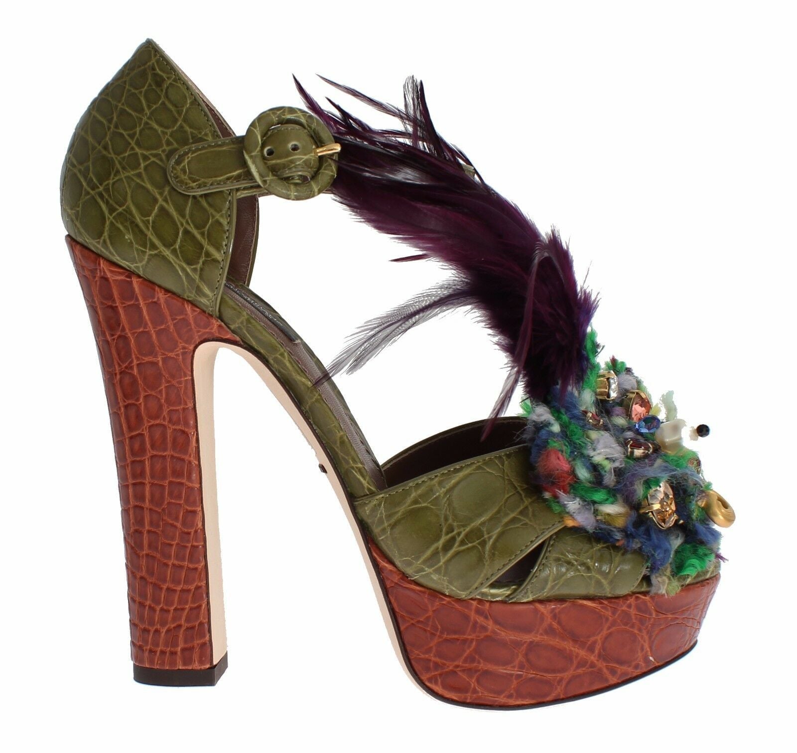 High heel shoe with a decorative floral embellishment on the toe and ankle strap