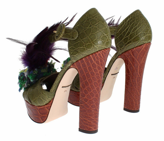 High heel shoes with a reptile print and feathers on top