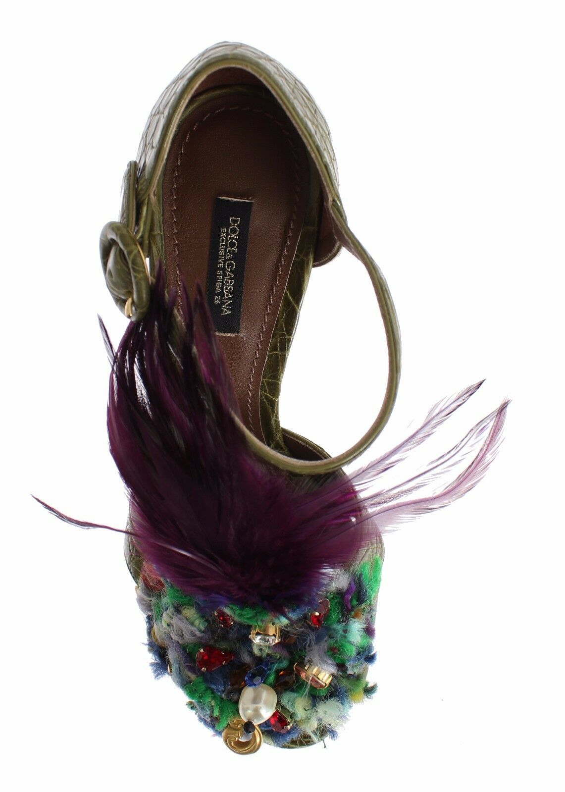 Brown shoe with a purple feathered heel and toe