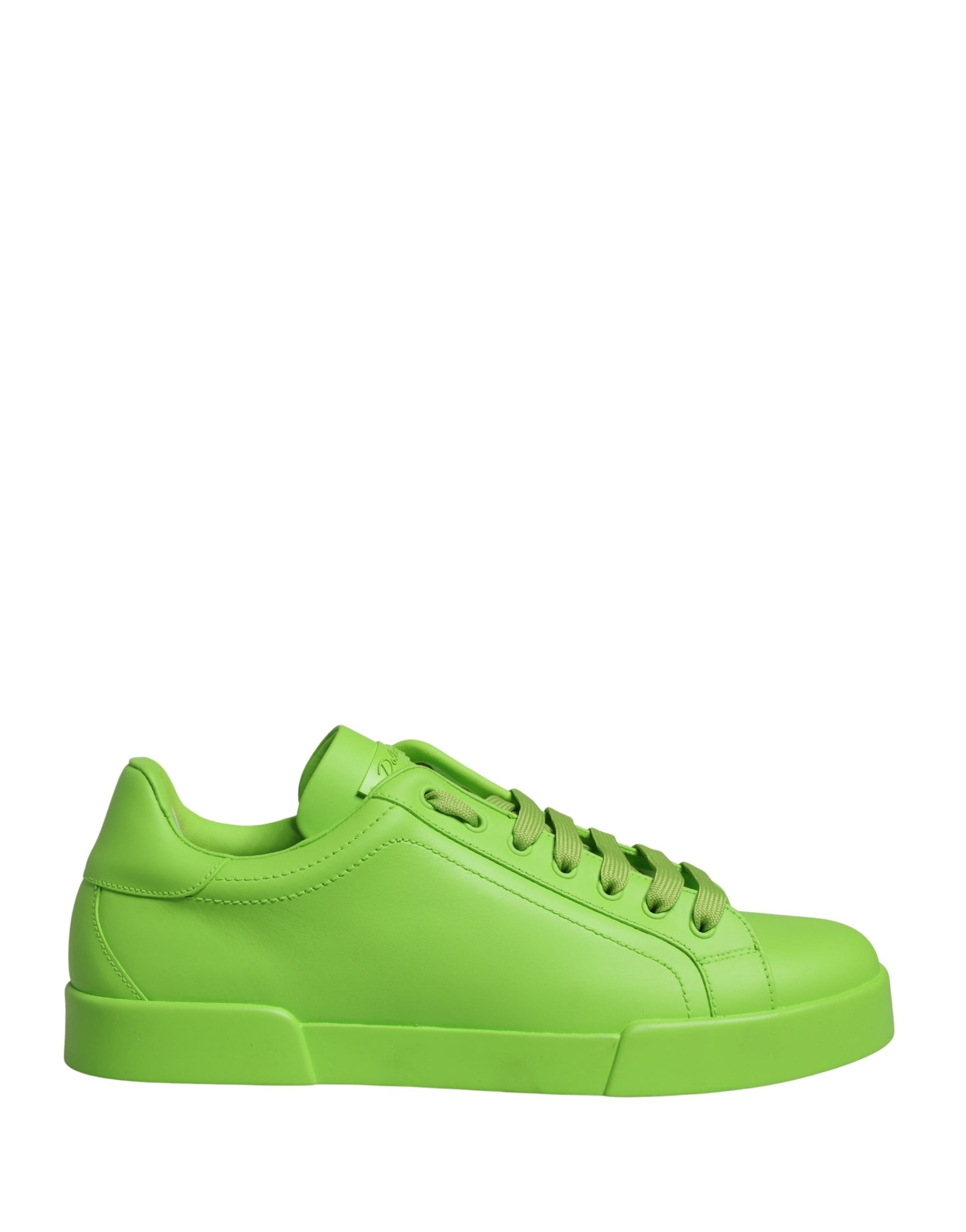 A pair of green leather sneakers with white soles and laces, featuring a low top design