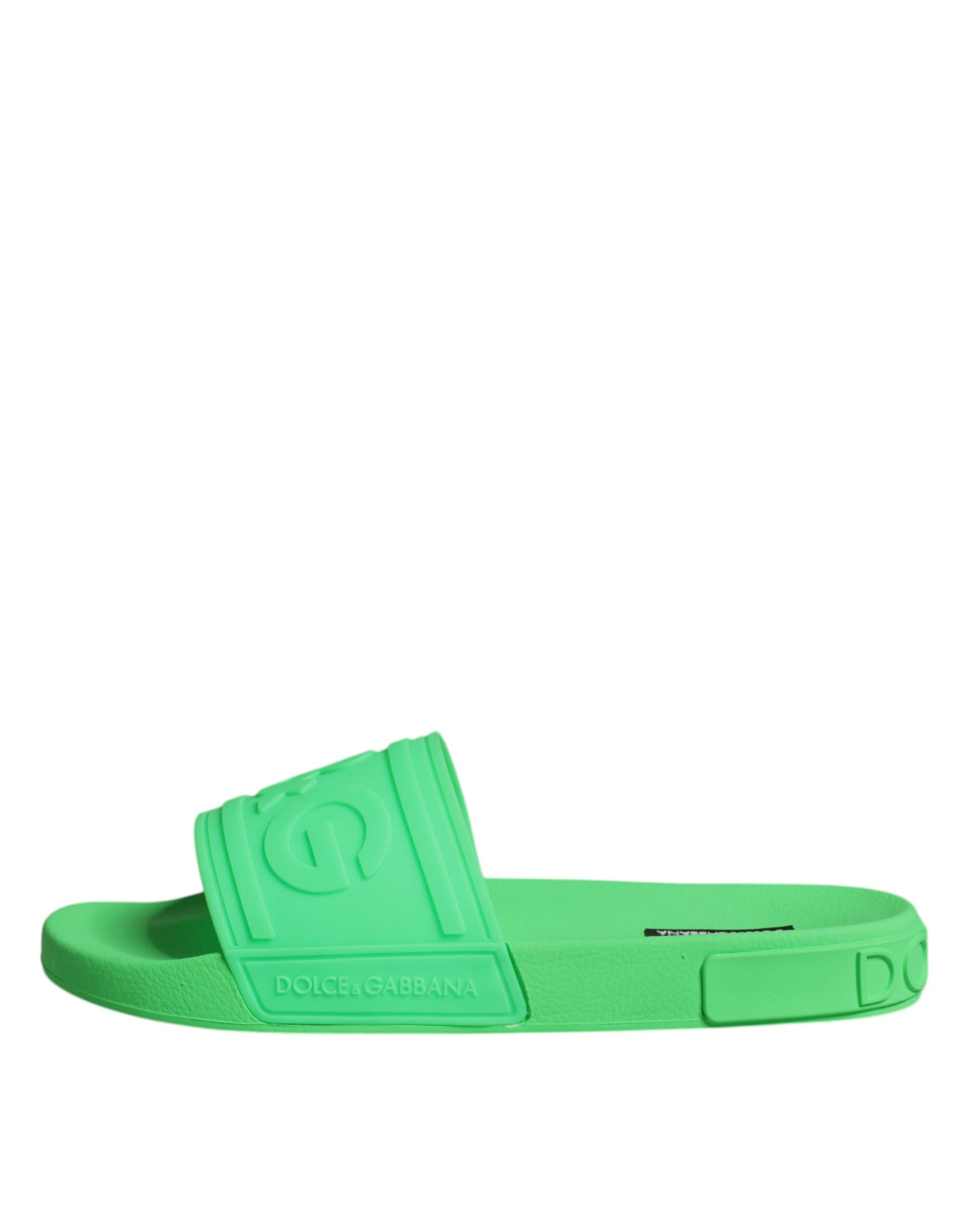 Green flip flops with white logo on strap