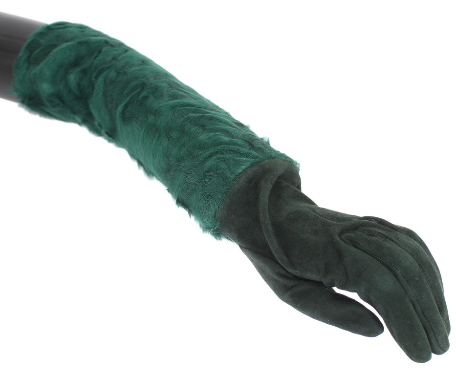 Green feathered glove on hand
