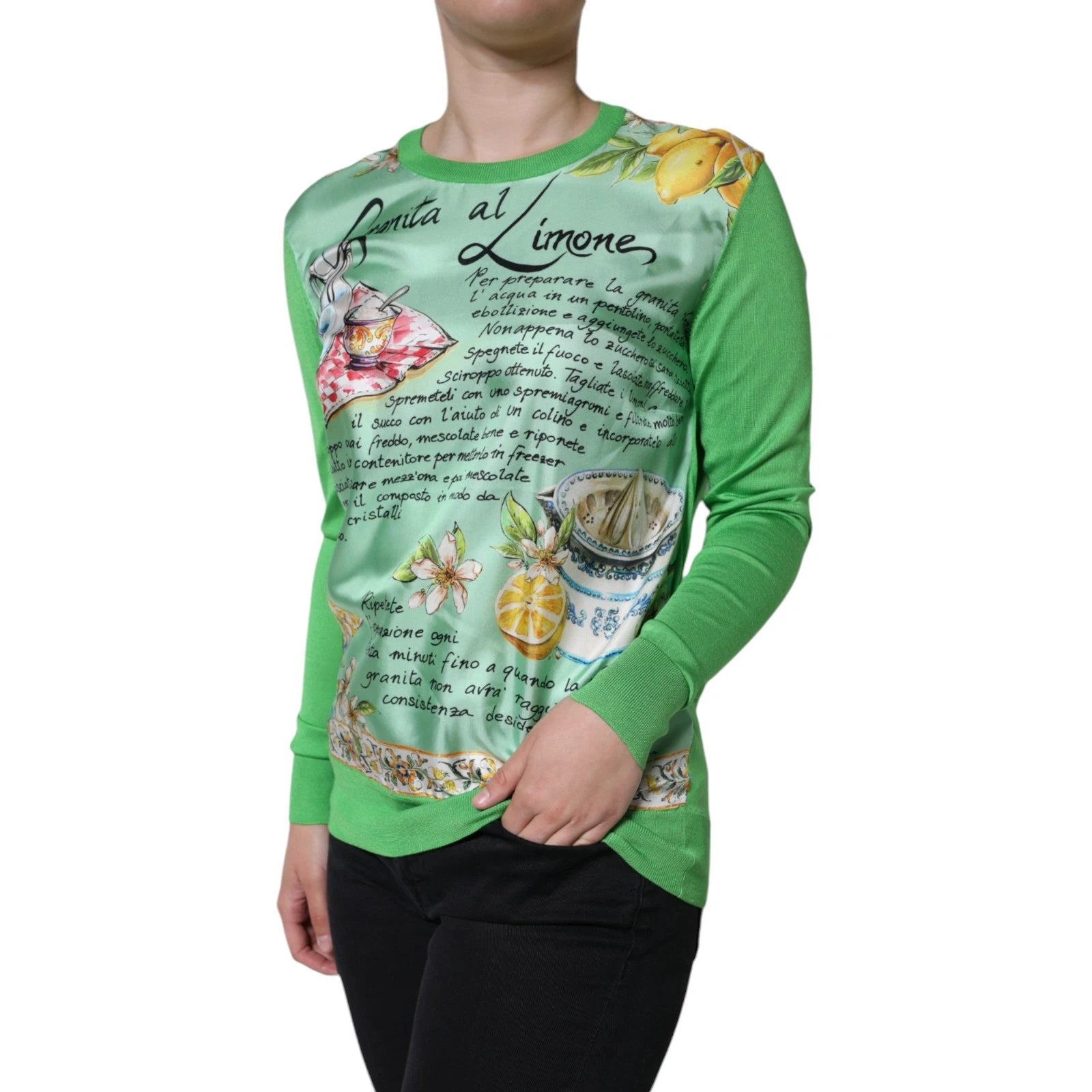 Long sleeve shirt with lime green color and floral pattern on front