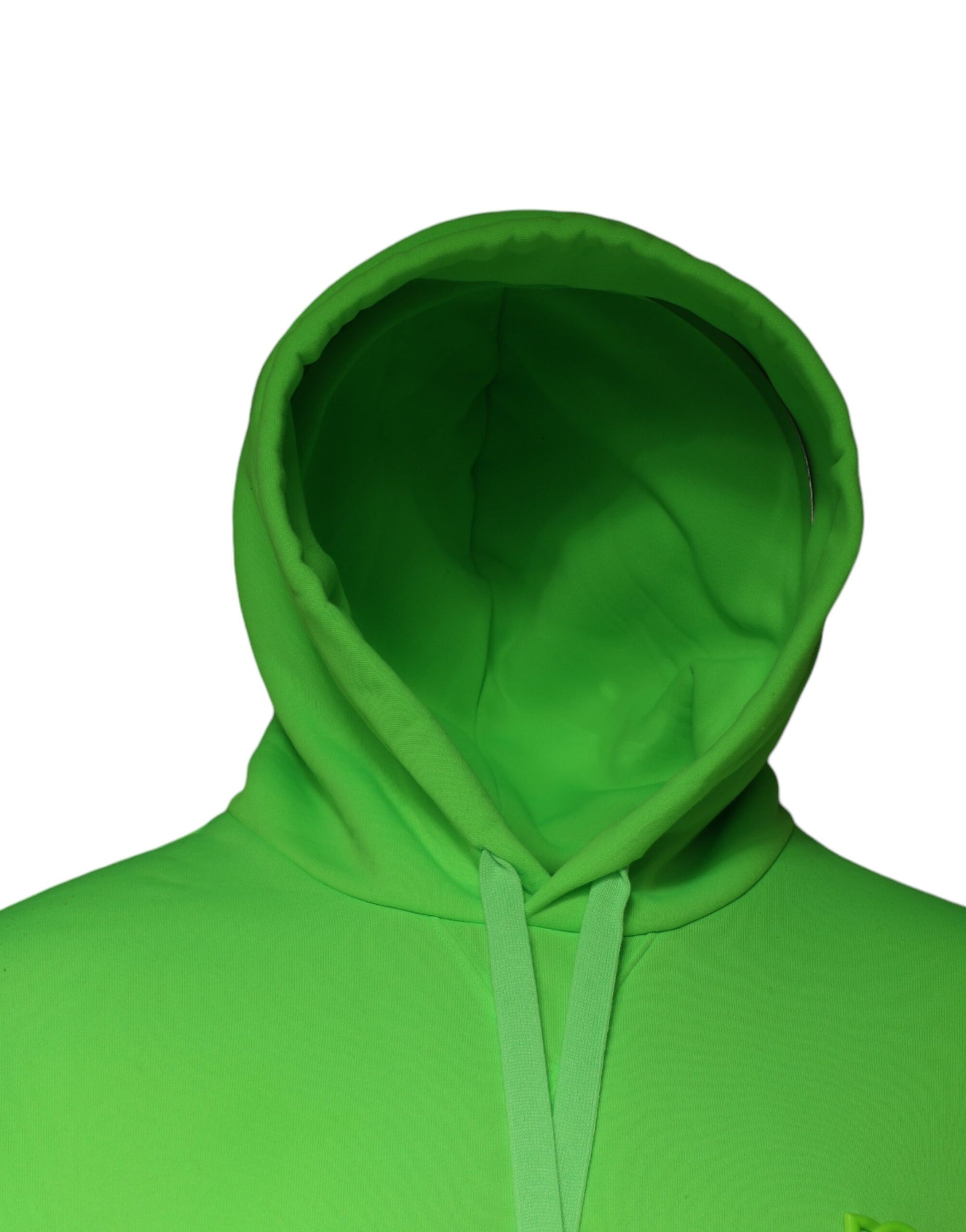 Green hoodie with hood up