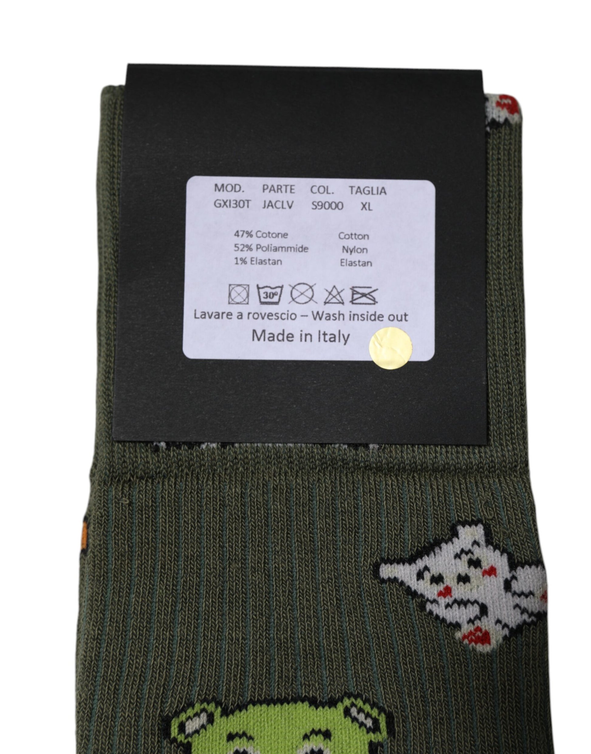 Green sock with cartoon character on it