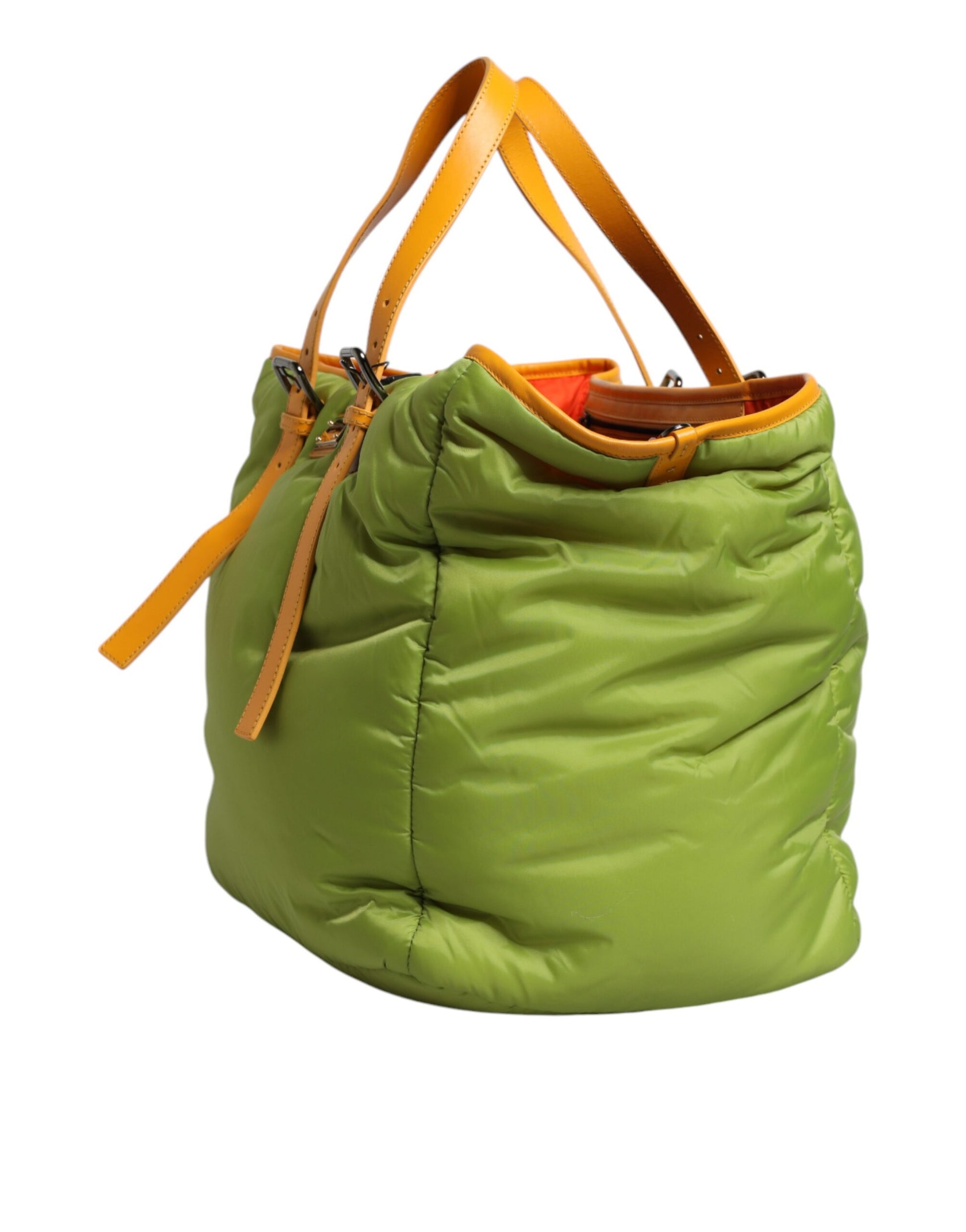Green waterproof bag with orange straps