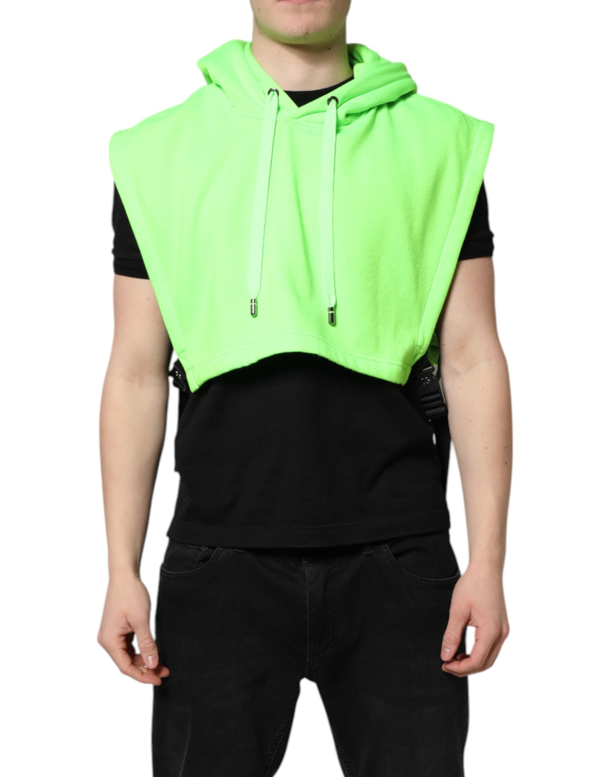 Man wearing a bright green hoodie with matching sleeves