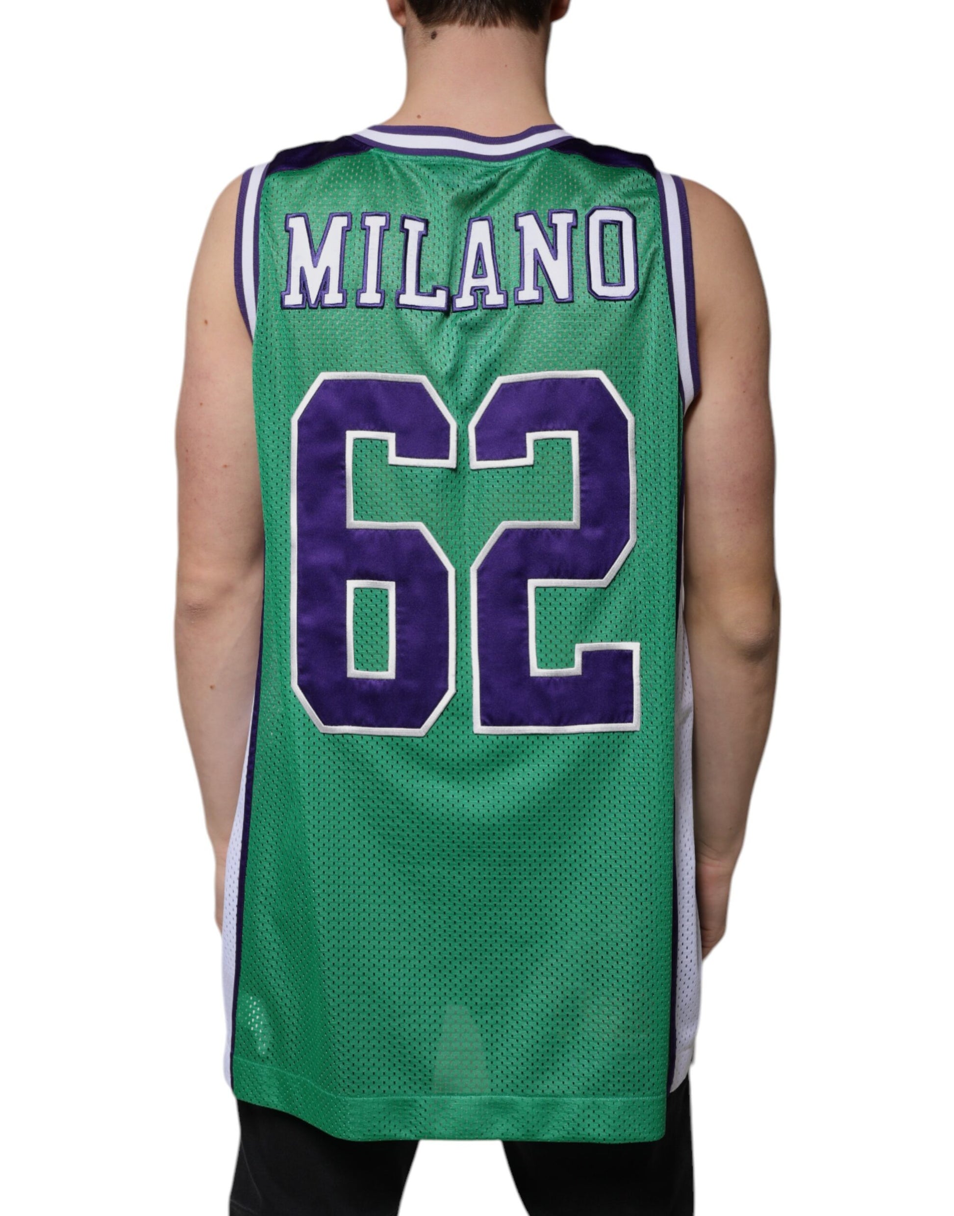Green basketball jersey with white lettering