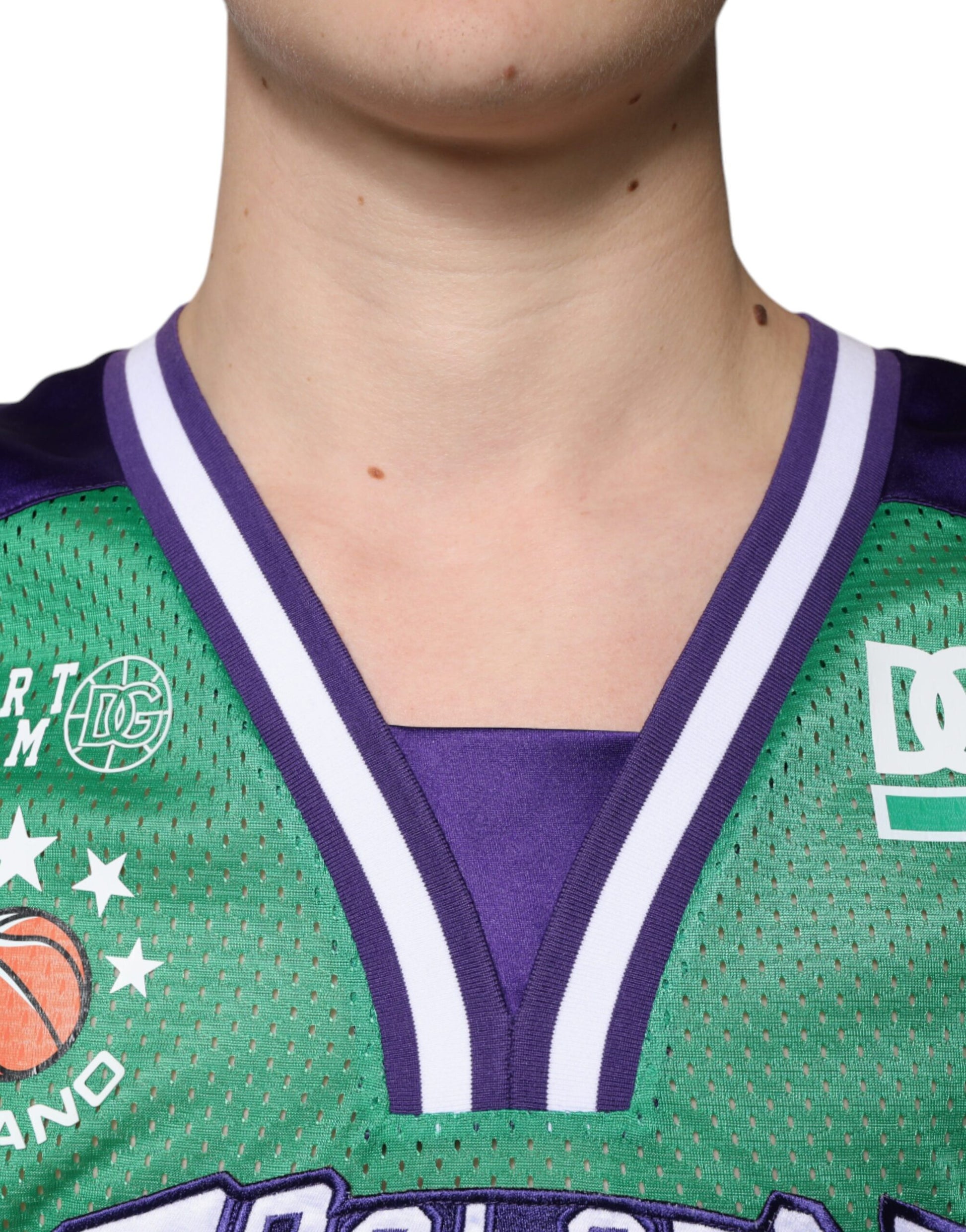 Green basketball jersey with purple trim