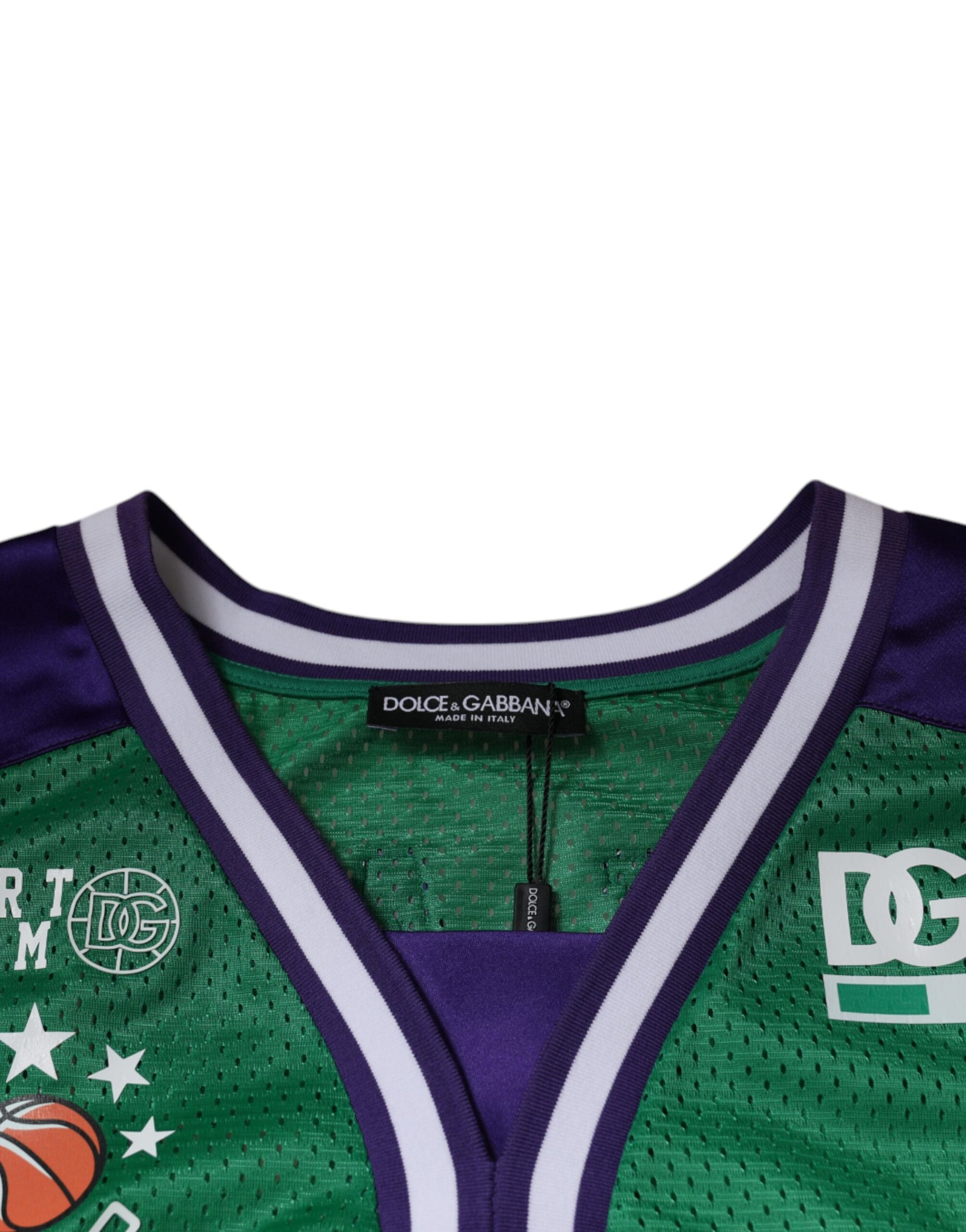 Green basketball jersey with purple trim