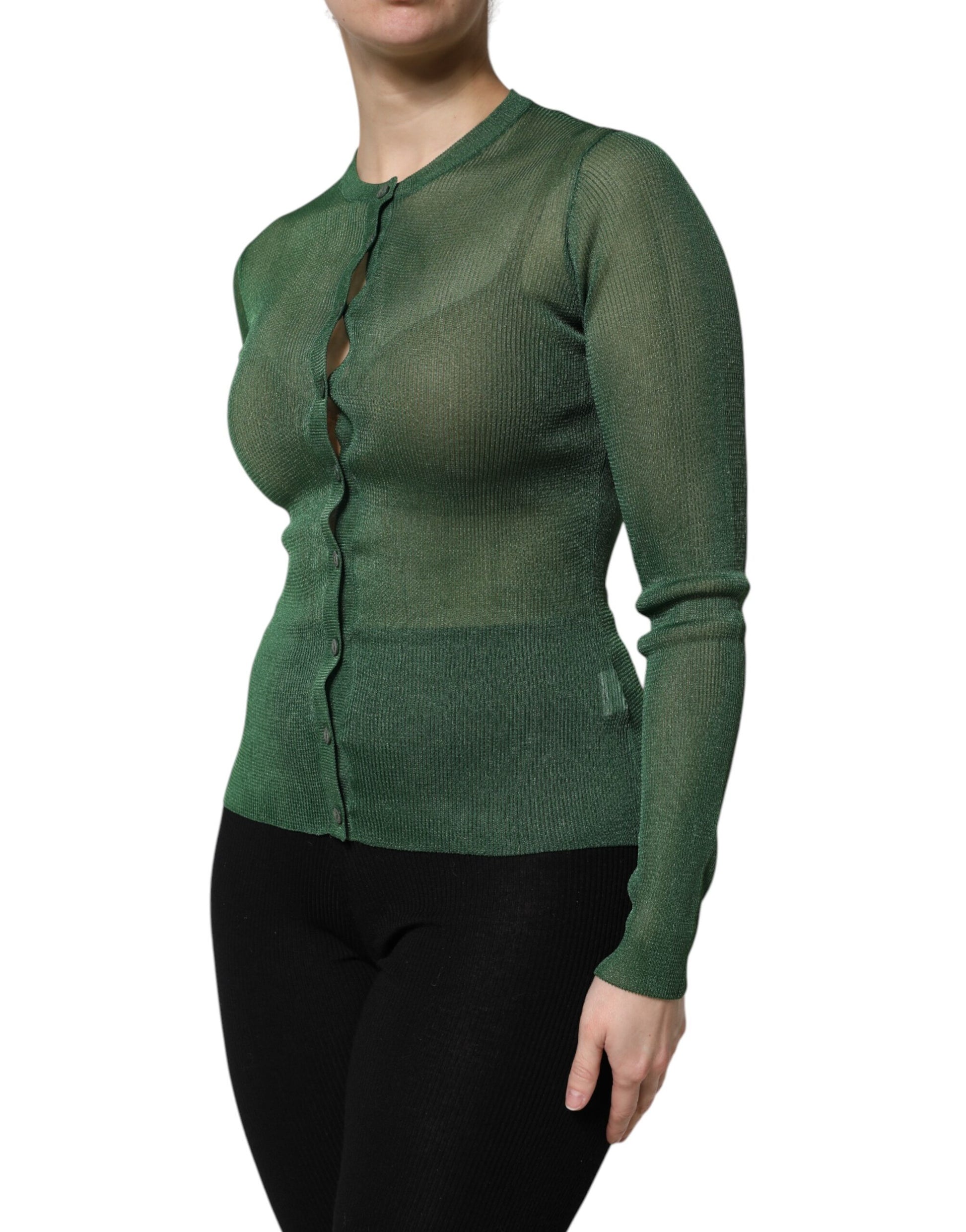 Woman wearing a green knitted top