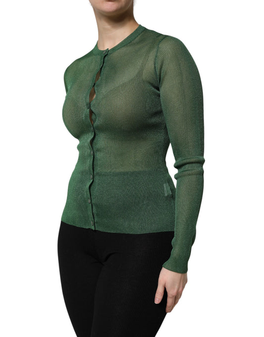 Woman wearing a green knitted top