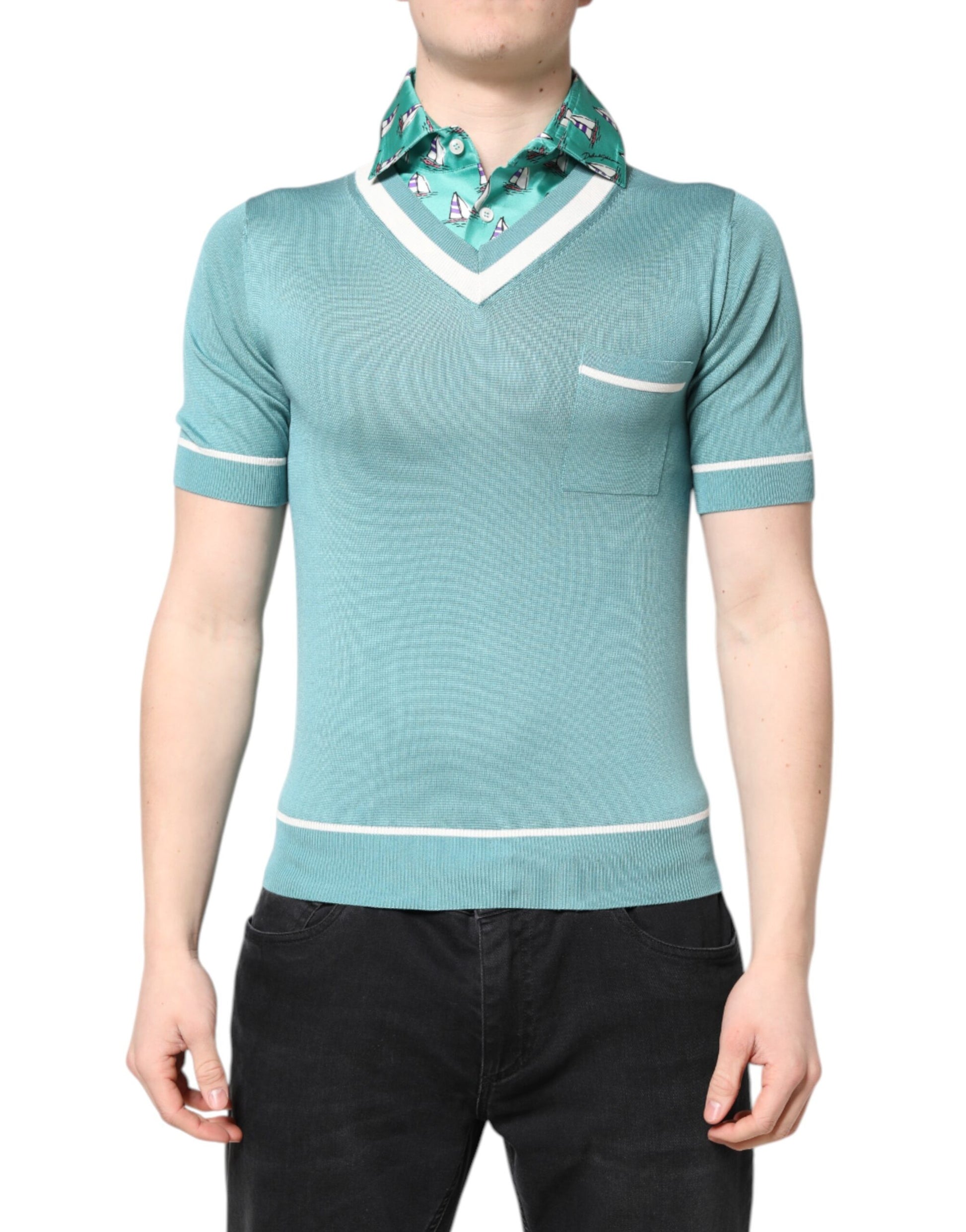 Men's short sleeve polo shirt in teal with white stripes on sleeves