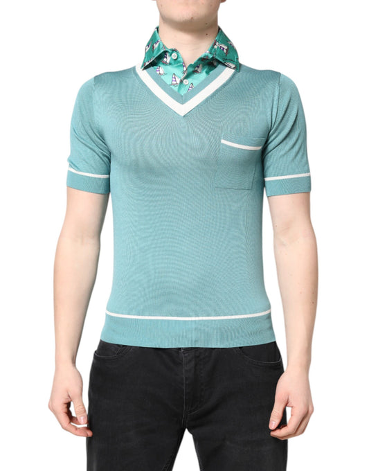 Men's short sleeve polo shirt in blue with white stripes on sleeves