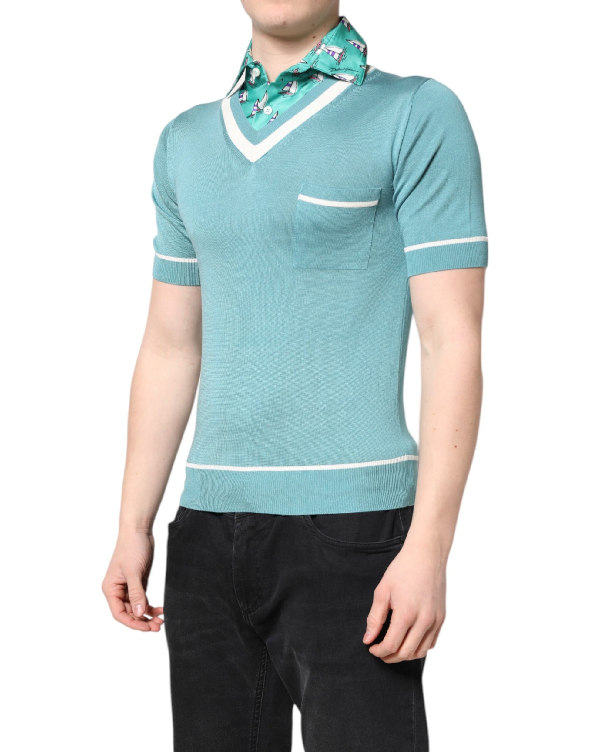 Men's short sleeve polo shirt in blue with white stripes on sides