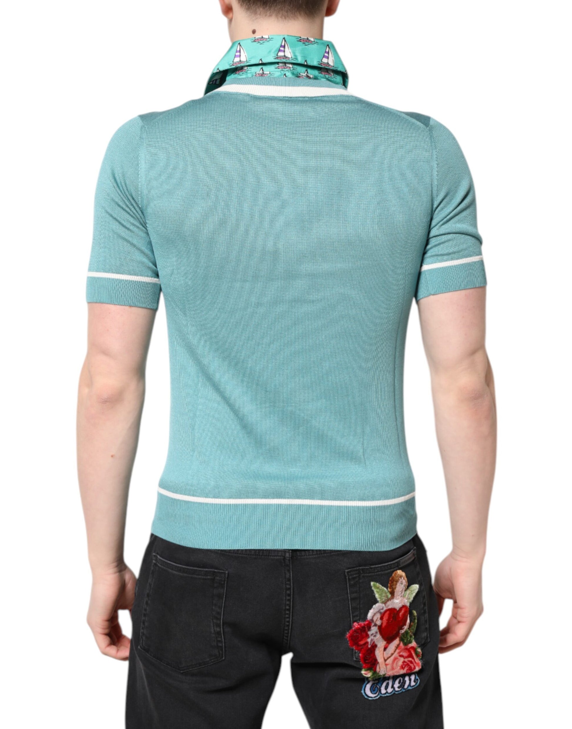 Men's short sleeve polo shirt in blue with white stripes on shoulders