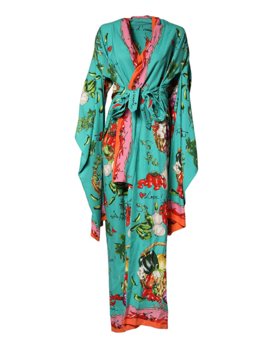 A long sleeve wrap dress with a green floral print