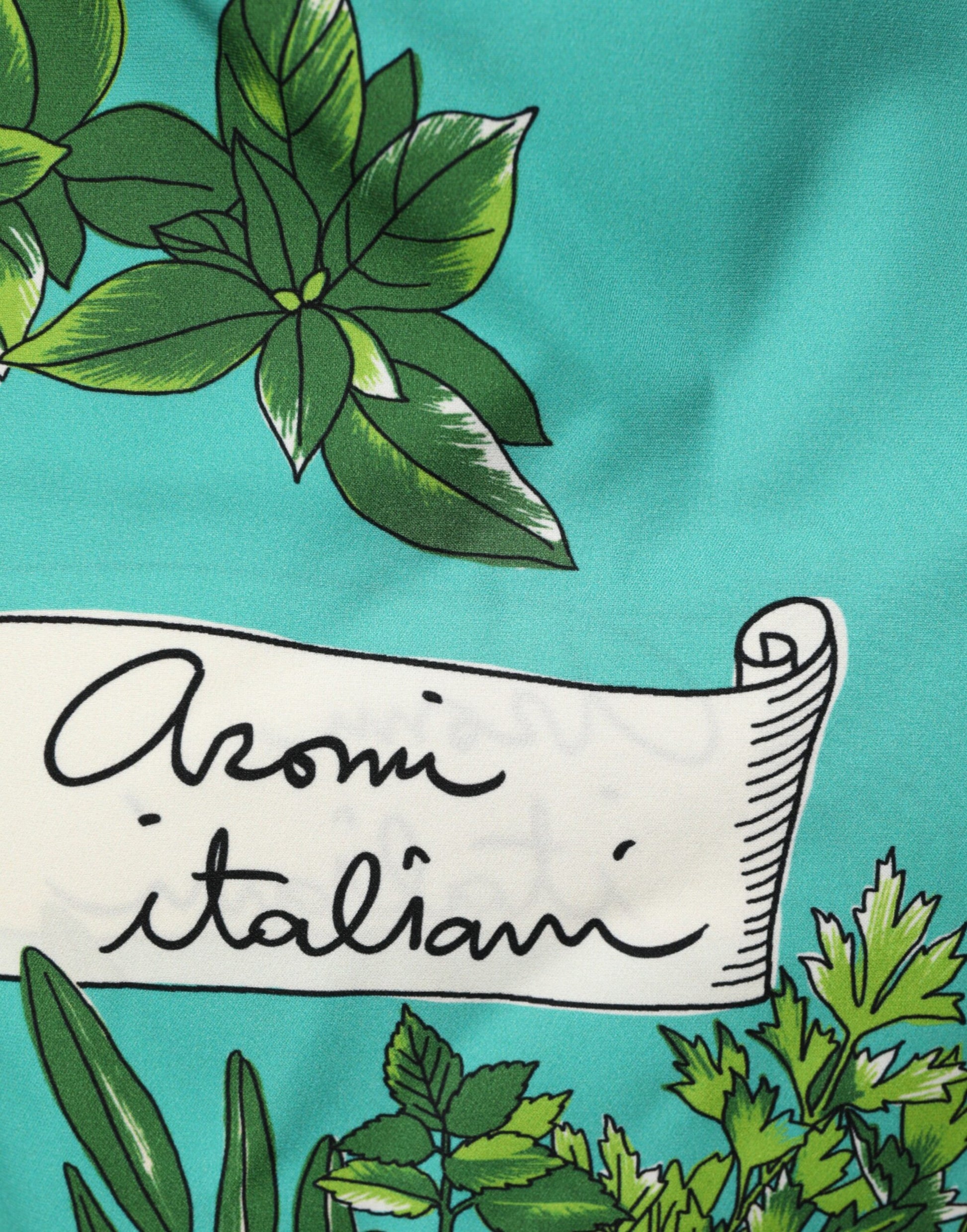 A green printed long sleeve wrap coat dress with botanical illustrations and the text "Aroma Italiano" written in cursive