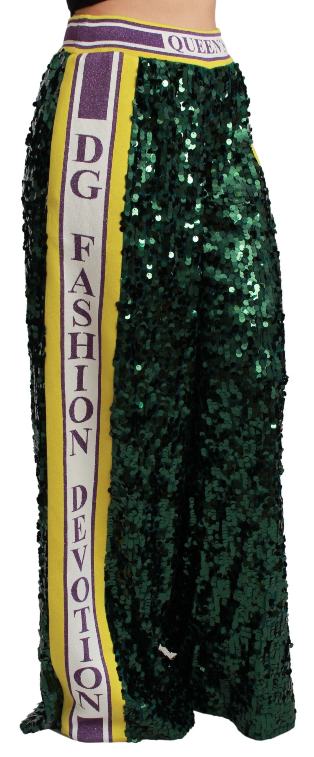 Glittery green pants with purple stripe and white lettering