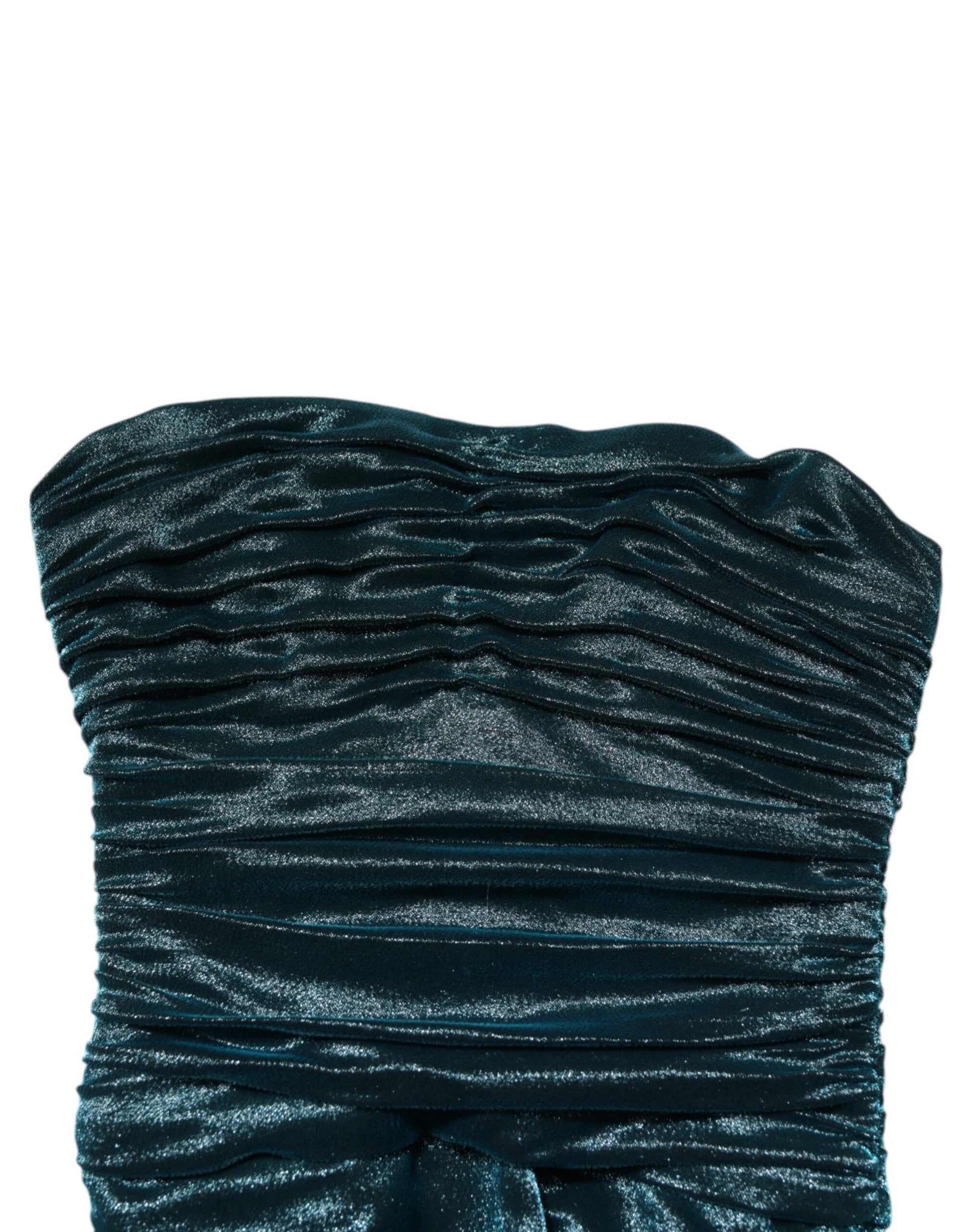 A fitted strapless dress in green silk satin with a ruched bodice